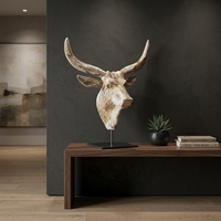 Sculpture de tête d'animal en bois artisanale Buffalo Suge avec support métallique – Décoration moderne pour table, idéale pour anniversaire et décoration intérieure