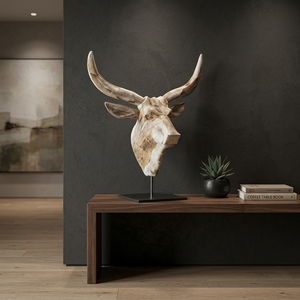 Buffalo Suge Stand Handcrafted <b>Wooden</b> Animal Head Sculpture <b>Rustic</b> Tribal Tabletop Decorative Artwork Metal Stand Home Decor - Product Image 2