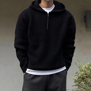 Demi Zip Pull Hoodies Hommes Pulls Automne Hiver Hommes Tricoté À Capuche Couleur Unie Hommes Vêtements 2024 Élégant Pull Tops - Bl - Product Image 1