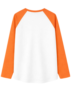 Camiseta de Manga Larga Raglán Naranja y Blanca Personalizada para Hombre, Algodón Casual, Cuello Redondo en Contraste, Estilo Béisbol, Fabricante y Proveedor OEM - Product Image 2