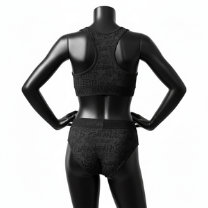 Conjunto de bikini de poliéster y spandex premium, color negro sólido, tela elástica con estampado completo, logotipo personalizado por transferencia térmica, conjunto de bikini para mujer. - Product Image 5