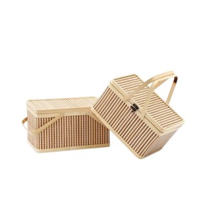 Rectangular Bamboo Picnic <b>Basket</b> Handcrafted Slatted Bamboo <b>Hamper</b> with Lid Luxury Storage Presentation Case - Product Image 2