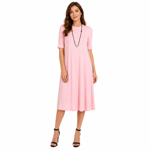 Vestido midi rosa sólido para mujer |   Vestido Casual Elástico y Suave con Mangas Medias |   Fabricante de Ropa de Moda Femenina - Product Image 1