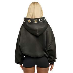 Sweat à capuche personnalisé vintage en polaire polyester/coton épais, grande taille, avec clous métalliques sur le devant, coupe décontractée, effet délavé, pour femme, avec œillets métalliques - Product Image 2