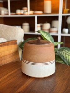 Rustic Ceramic <b>Storage</b> Canister Wooden Lid Handcrafted Glaze Airtight <b>Kitchen</b> Jar Farmhouse Counter Organizer Premium Style - Product Image 4