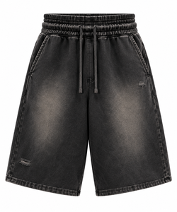 Oversized Double Waist Acid Wash French Terry <b>3</b>/<b>4</b> Sweat <b>Shorts</b> Black Sunfade Streetwear Ganymede International - Product Image 4