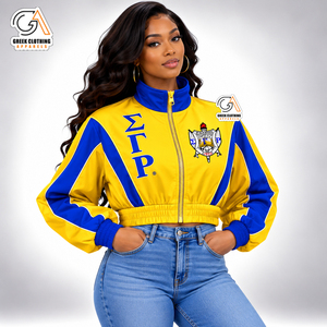 Chaqueta Bomber con Letras Griegas Sigma Gamma Rho SGRho para Mujer, con un Solo Botón, Bloques de Color, Cuello Alto, Ropa de Sororidad, Ecológica - Product Image 1
