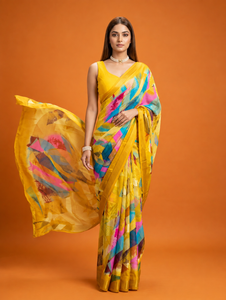 Sari synthétique jaune imprimé numériquement, motif abstrait multicolore, pour femme, tenue de mariage traditionnelle Inde Pakistan, longueur ras du sol - Product Image 2