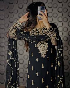 Women's <b>Black</b> Rayon Embroidered Floor-Length Traditional Indian <b>Pakistani</b> Wedding <b>Dress</b> With Gold Trim Regular Fit - Product Image 1