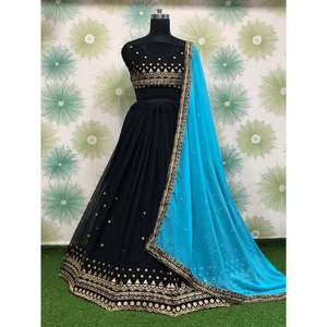 MÁS RECOGIDO GEORGETTE BORDADO TRABAJO LEHENGA CHOLI CON DUPATTA NEGRO - Product Image 1