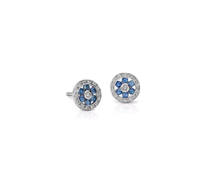 14K Gold Floral <b>Blue</b> Sapphire Diamond (Natural) <b>Stud</b> <b>Earrings</b> Adds a Soft Floral Luxury Touch to Everyday Outfits - Product Image 2