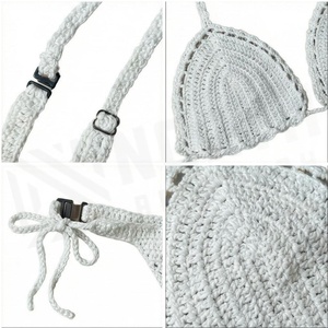 White Crocheted <b>Bikini</b> <b>Set</b> Women 2 Piece Halter Tie Side Swimwear Handmade Cotton Bamboo Fiber Solid Pattern - Product Image 4