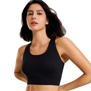 Soutien-gorge de sport côtelé noir à maintien élevé pour femme, haut court, vêtements de yoga et de fitness - Product Image 1