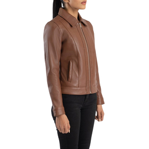 Chaqueta de moto de piel de oveja auténtica marrón para mujer, con cuello vuelto, cremallera, manga larga, abrigo corto de otoño - Product Image 2