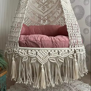 Cream macrame swing with pink cushions, Hanging Chair, Hängesessel, Swing Chair, Macrame Rocking Swing Chair - Product Image 1