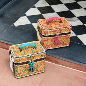 High Quality Designer Hand <b>Tooled</b> Genuine Leather Make-Up Bag Square Shape Case Women Jewelry <b>Box</b> Western Style Travel Organizer - Product Image 6
