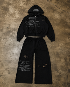 Custom Eco-Friendly Black Vintage Wash Zip <b>Hoodie</b> Jogger Set for Streetwear <b>Lightweight</b> Cotton Fleece Quick-Dry Breathable Logo - Product Image 1