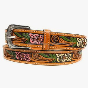 Ceinture en cuir pleine fleur de style western, gravée à la main avec motifs floraux, dernier cri, tendance, pour cow-boy et cow-girl - Product Image 1