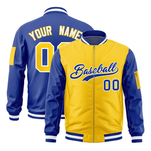 Custom Gold Royal Blue Winter Sporty Heated Windproof Varsity Bomber Jacket for Men Front Logo <b>Covered</b> <b>Button</b> Two-Tone Design - Product Image 6