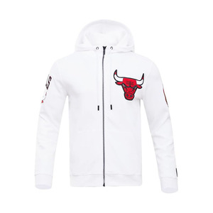 Sudadera con capucha blanca para hombre, con cremallera completa, logotipo de toro bordado, corte regular, informal - Product Image 1