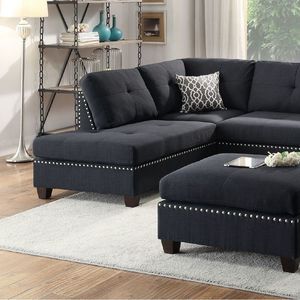 Set Divano Sezionale a 3 Pezzi in Polifibra Nera con Chaise Longue Reversibile, Pouf e Cuscini per Soggiorno - Product Image 2