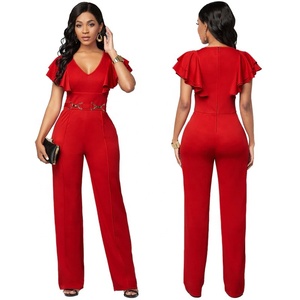 Venta al por mayor de moda sexy de manga larga solapa 1 pieza mono pantalones de color sólido cinturón falda las mujeres monos con cuello en v profundo - Product Image 1