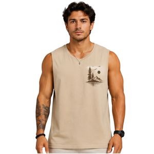 Beige Men Sleeveless Tank Top Nature Mountain Print Design Casual Summer Vest Gym Fitness Workout Muscle Shirt Cotton <b>Athletic</b> - Product Image 1
