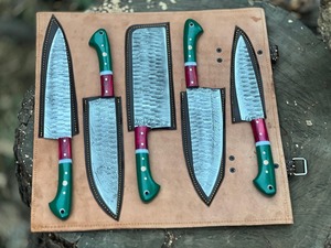 Custom Handmade Five-Piece Chef <b>Set</b> in Damascus Steel with Resin Handles Durable & <b>Sharp</b> Blades Ambidextrous Design Leather Bag - Product Image 6