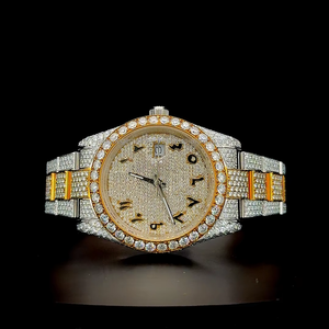 นาฬิกาข้อมือทรงกลมประดับเพชรโมอิสซาไนต์สีขาว ดีไซน์โบราณ ตัวเรือนสแตนเลสสตีลชุบทองคำขาวและทองเหลือง หน้าปัดแบบอารบิก สำหรับทุกเพศ - Product Image 1