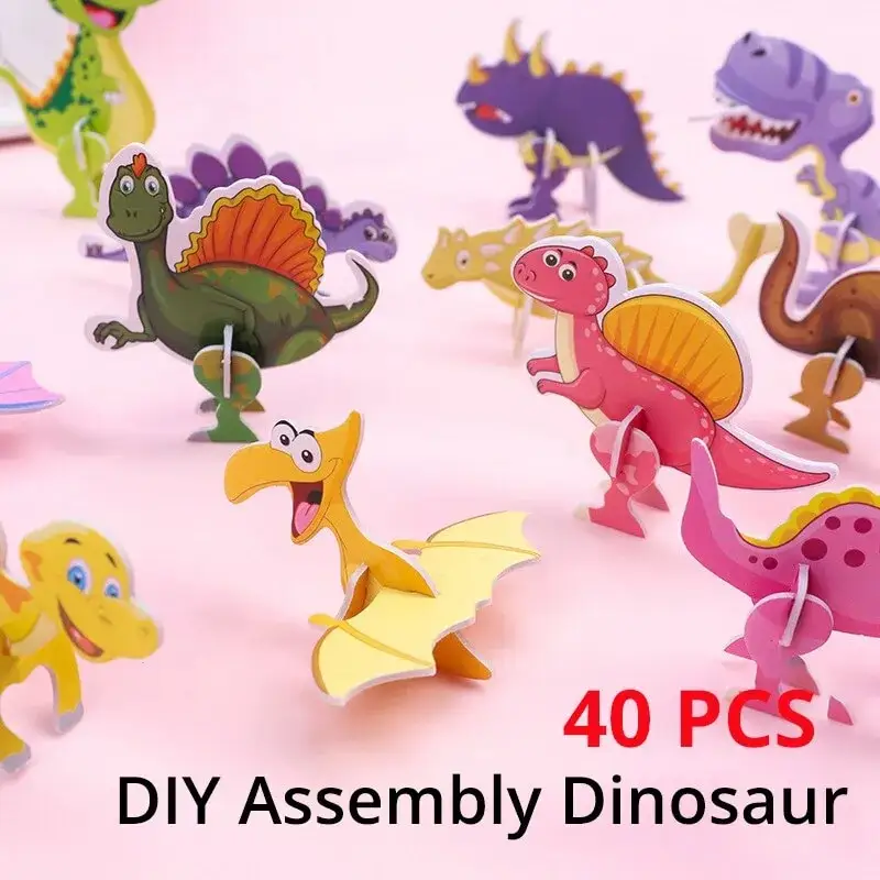 Kertas Dinosaurus 3D Puzzle DIY anak, mainan Model hewan pemodelan dinosaurus kartun lucu 40 buah