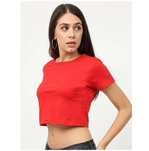 Women's <b>Red</b> <b>Cropped</b> T-Shirt O-Neck Short Sleeve Solid Color Casual <b>Top</b> Spring Summer Style Regular Fit Knitted Cotton - Product Image 3