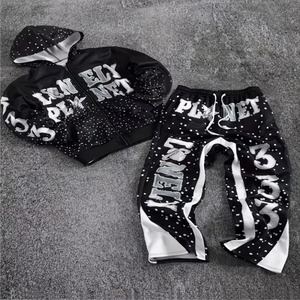 Conjunto de chándal de peso pesado y talla grande con sudadera con capucha con cremallera, efecto salpicado y pedrería brillante, y pantalones de chándal de doble cintura - Product Image 6