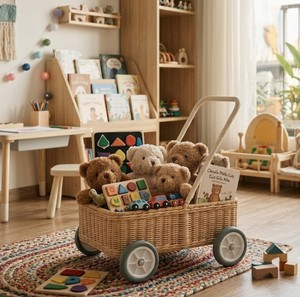 Chariot à jouets en rotin tressé pour enfants avec quatre roues et poignée de traction, chariot de rangement en rotin naturel fait main pour les jouets des enfants, chambre d'enfant - Product Image 6