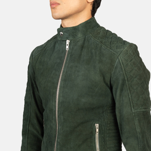 <b>Men's</b> Green <b>Suede</b> Moto <b>Jacket</b> Stand Collar Zipper Closure Slim Fit Autumn Style Regular Length Solid Color Biker <b>Jacket</b> - Product Image 5