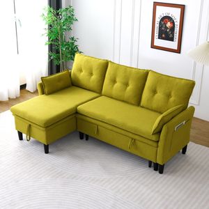 Divano Sezionale a L Reversibile con Chaise Longue e Contenitore, in Cotone Lino Verde, per Ufficio e Soggiorno - Product Image 1