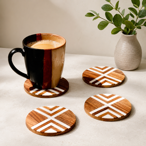 Handcrafted Wooden <b>Coaster</b> Set of 4 with White Resin Inlay – Modern Coffee <b>Table</b> <b>Coasters</b> Handmade Round Tea & Coffee <b>Coaster</b> - Product Image 1