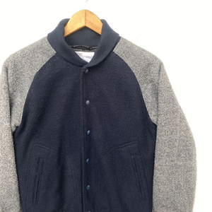 <b>Men's</b> Navy Blue <b>Fleece</b> Racer Jacket <b>Grey</b> Sleeve Color Blocking Stand Collar Zipper Closure Casual Autumn Wear - Product Image 2