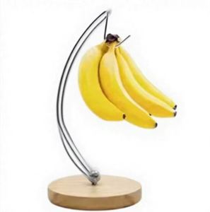 Porte-fruits en acier avec base en bois de manguier - Support à fruits moderne pour comptoir de cuisine et table à manger - Product Image 1