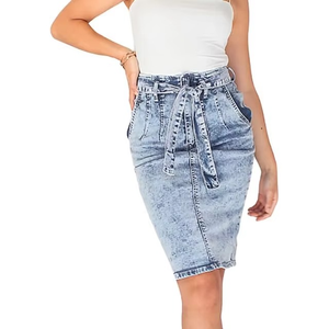 High Quality Women Denim Retro Acid-Wash Denim Pencil Skirt High-Waist with Belt Slim Fit Front Pocket Streetwear Style - Product Image 1