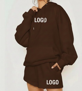 Conjunto de Sudadera con Capucha Marrón para Mujer, con Bolsillo, Corte Regular, Casual, 2 Piezas, Pantalones Cortos por Encima de la Rodilla, Color Sólido, Ropa de Verano, 100% Algodón - Product Image 1