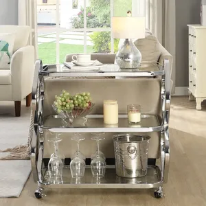 Chariot de service moderne en chrome à 3 niveaux avec étagères en verre et roulettes, 27,56x15,75x28,35 pouces, design durable - Product Image 5