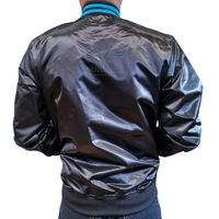 Blouson Bomber en Satin Personnalisé avec Logo OEM, Veste Universitaire Homme Style College, Col et Poignets Rayés Bleus, Léger, Vente en Gros