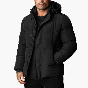 Men's Black Hooded Puffer Jacket Windproof Casual Winter Coat Polyester Wadding Thick <b>Quilted</b> Regular Fit <b>Single</b> Button Closure - Product Image 3