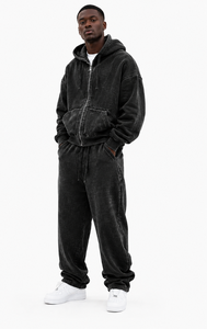 Ensemble de survêtement en jean délavé bleu pour homme, sweat à capuche zippé, pantalon de survêtement à jambes larges, streetwear décontracté oversize, manches longues, couleur unie - Product Image 2
