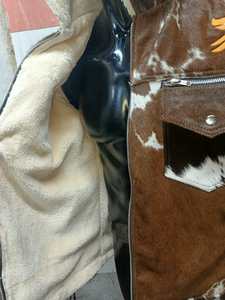 Authentic CUSTOM Unisex Winter Cowhide <b>Jacket</b> Breathable Brown White Pattern Button <b>Fly</b> HIGH STREET Heavyweight Canvas Fabric - Product Image 2
