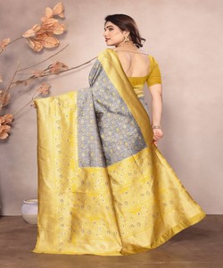 Sari de seda amarillo y gris con borde estampado, traje tradicional indio para bodas, para mujeres - Product Image 3