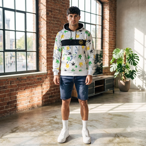 Sweat à capuche en molleton pour homme, imprimé 3D motif feuille, délavé à l'acide, blanc, vert, jaune, avec logo frontal et poche, coupe classique, hiver - Product Image 4