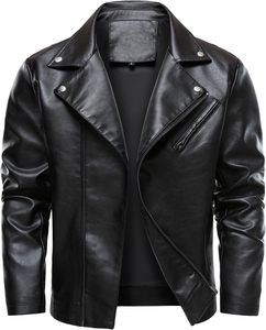 <b>Men's</b> Black PU Faux <b>Leather</b> Asymmetric Diagonal Zipper Biker <b>Jacket</b> Wide Lapel Snap Collar Chest Pocket Classic Moto Streetwear - Product Image 2