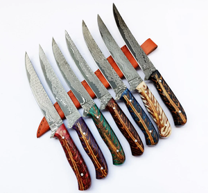 Handmade Damascus Steel Fillet Knife Set Professional Fish Fillet Knives with Pine Cone Resin Handle Genuine <b>Leather</b> Sheath - Product Image 3