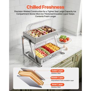 Vassoio di Servizio a 2 Livelli in Acciaio Inox, Contenitore per Esposizione Alimenti da Banco, Dispenser per Condimenti, Refrigeratore per Ghiaccio - Product Image 2